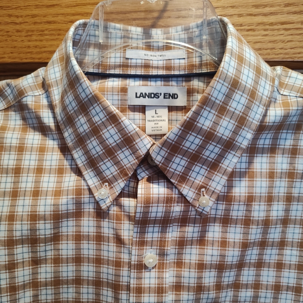 Lands' End Men's No Iron Twill Plaid Shirt, Canyon Camel/Blue Plaid